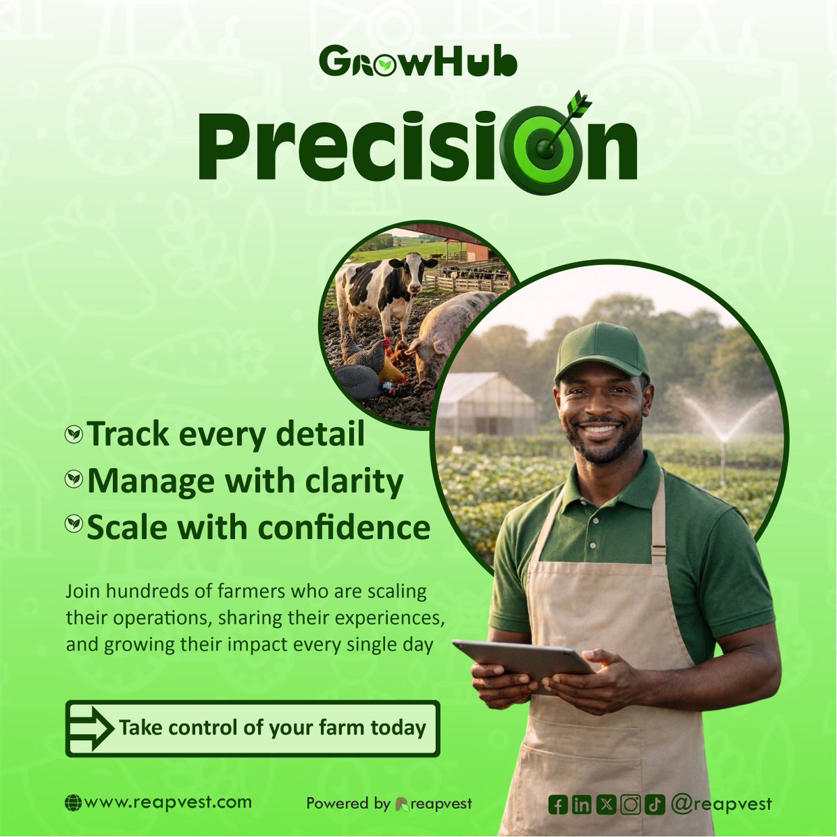 Imagine knowing exactly what working on your farm is.
Imagine making decisions backed by real insights.
Imagine growing not just your harvest… but your impact.

This is your moment to take control.
To farm with intention.

 #Reapvest #FarmersFirst #AgricTech #GrowWithConfidence