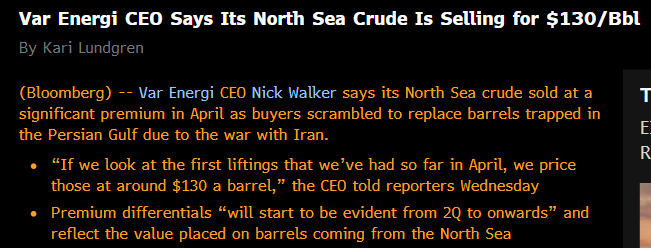 baroninvestment's tweet photo. VAR ENERGI have confirmed today that they are selling North Sea Crude for $130/BBL.

The biggie is that KISTOS holds a 10% working interest in the Balder Area, which is operated by them.  Production flows are 70-80kboepd through to 2030.  Anyway, whatever price Vår is realising on Balder crude, Kistos receives the same price on its proportionate share of production.  

The market hasn’t priced this in, Kistos remains tiny relative to the cash flow that’s incoming.

The read-through from today’s Vår is extraordinarily positive let alone what's coming from Oman.