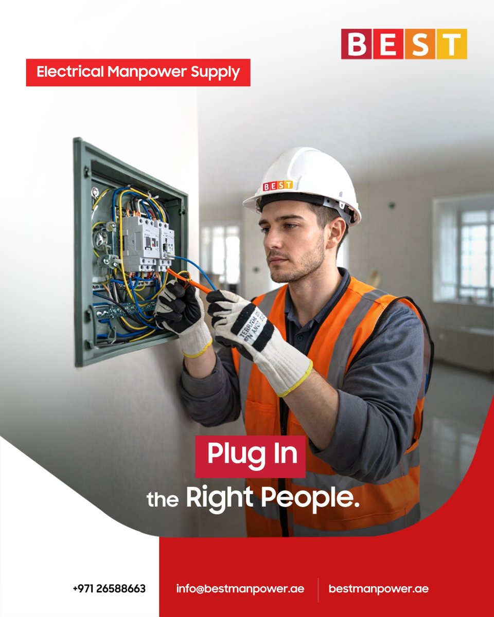 bestmanpowerae's tweet image. Connect with the right electrical talent through Best Manpower, ensuring smooth operations, safety, and consistent performance.

For more contact:
☎️+971 26588663
📧 info@bestmanpower.ae
🌐 bestmanpower.ae

#BestManpower #Manpower #constructionworkers #manpowerservices