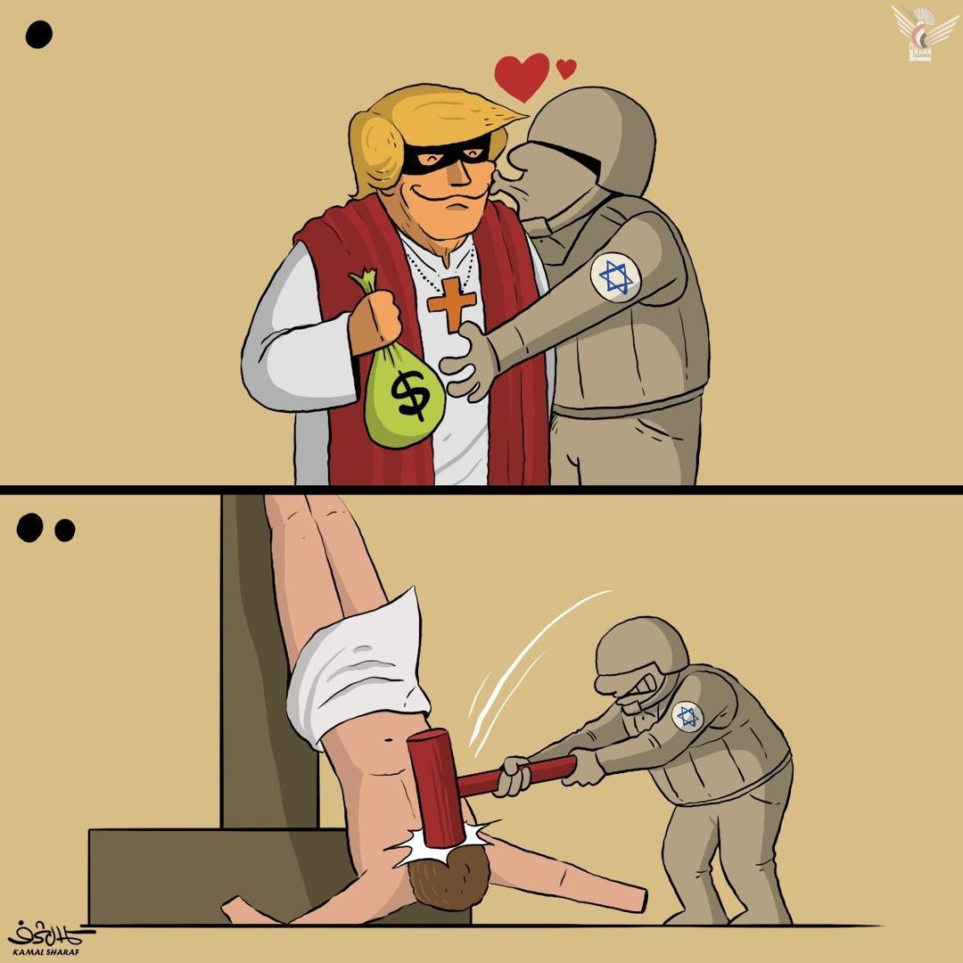 IRANinHUNGARY's tweet image. #Yemeni artist #Kamal_Sharaf’s subtle jab at the behavior of an #Israeli soldier toward the statue of #Jesus (peace be upon him) and the controversial photo of #Trump