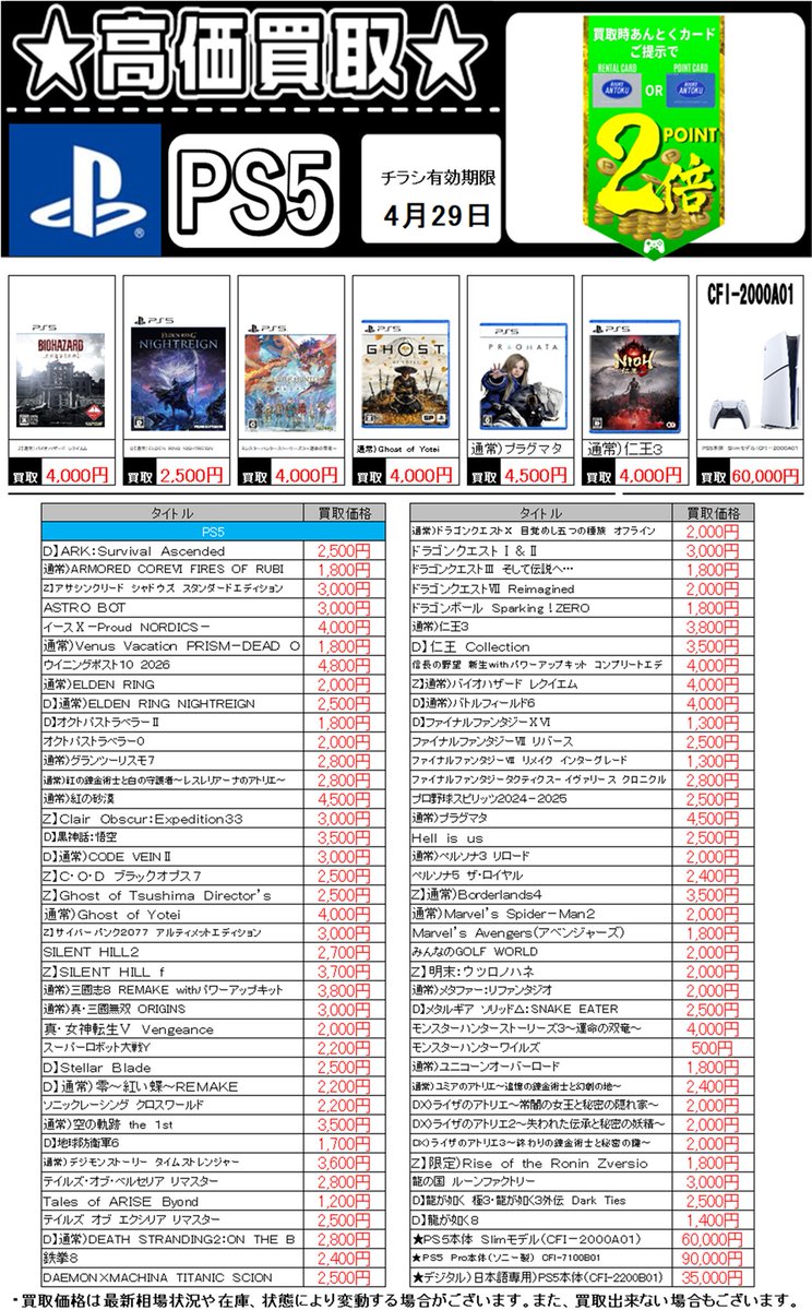 ANTOKUmizuma's tweet image. 🎮ゲームコーナーよりお知らせ🎮 

4/23(木)～4/29日（水）までの買取チラシになります!!

レトロゲームの買取もおこなってます。

ご来店お待ちしております(^^)/

※買取時間は20時までとさせていただきます。

#Switch2 #Switch #PS4 #PS5 #レトロゲーム #ゲーム #買取 #高価買取 #あんとく #久留米