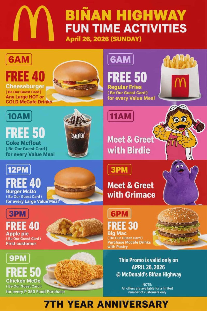Check out the PASABOG on Sunday, April 26, for McDonald’s Biñan Highway 7th Anniversary!!! 🎉🎉🎉

<a href="/aldenrichards02/">Alden Richards</a> 
#McDoNiALDEN 
#ALDENRichards 
📷 | McDo Biñan Highway FB