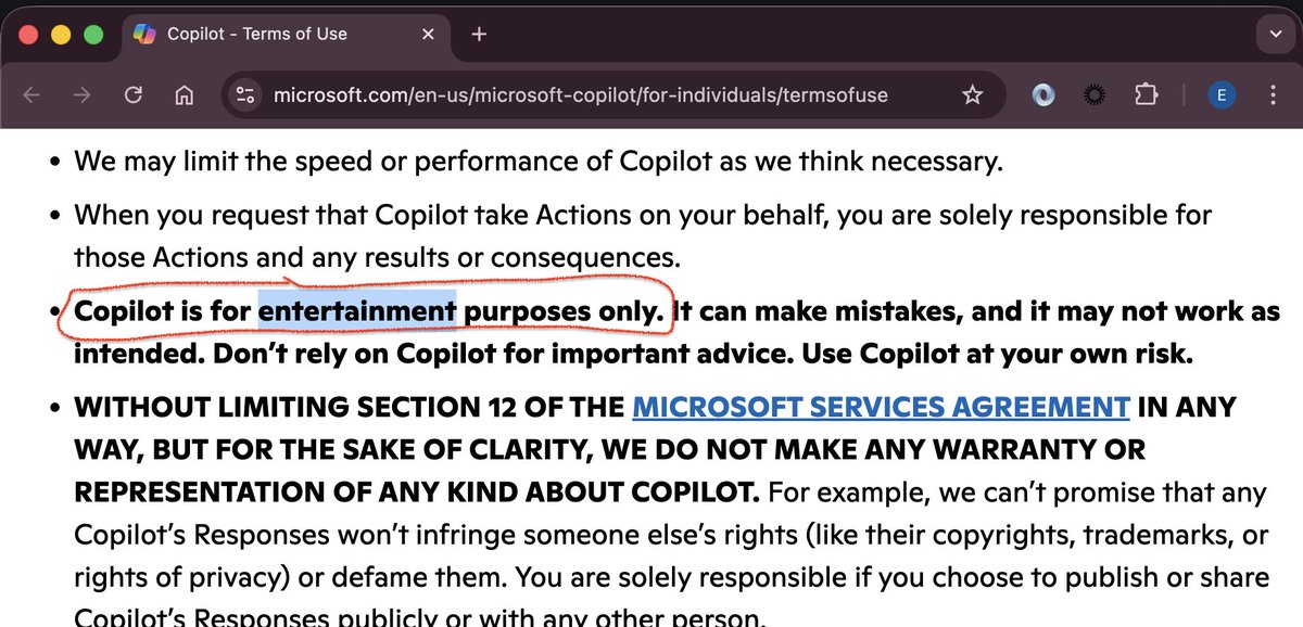 elye_project's tweet photo. We use Copilot to code so much... meanwhile Microsoft put a disclaimer 🤔🤔🤔....    #Copilot #Coder https://t.co/Trlj4XN8jT