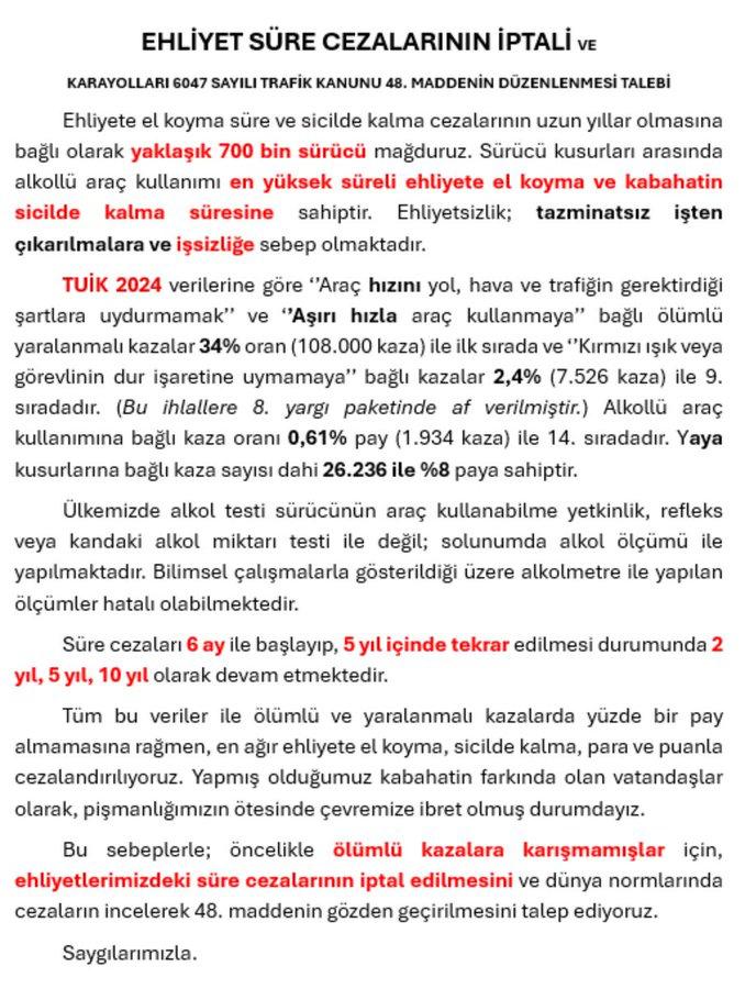 Cumhura SonCagri
#ŞoförAffi
ÖNCELİKLE EHLİYET AFFI,
SONRA DA KTK 48.MADDE DE YER ALAN EHLİYETE EL KOYMA SÜRE VE SİCİL CEZALARINDA DÜZENLEME TALEP EDİYORUZ.