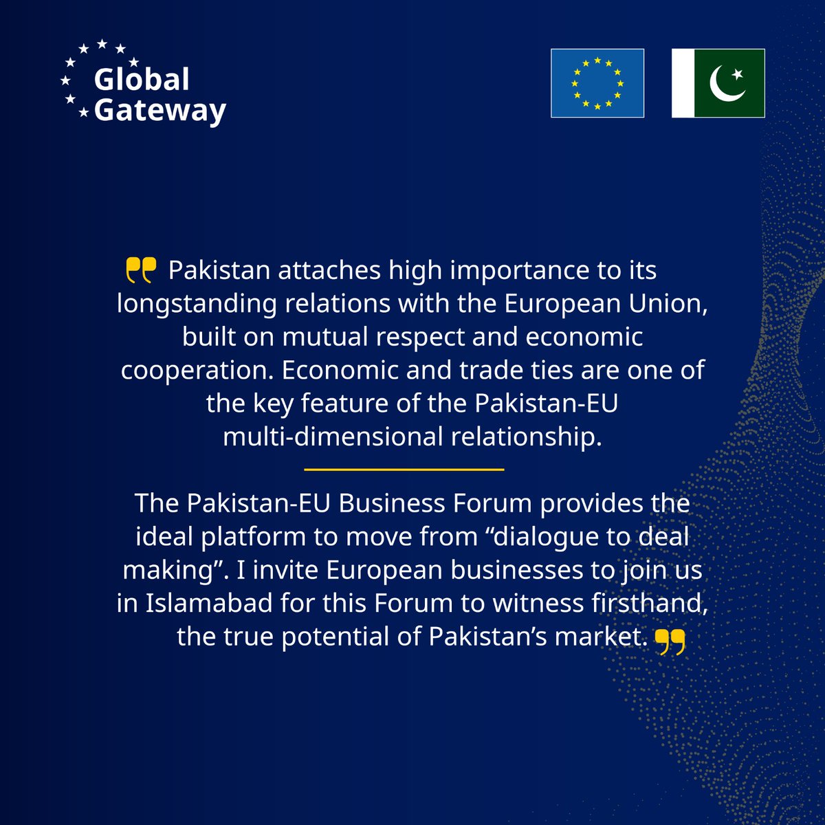 EUPakistan's tweet photo. “By working together, we can build an enduring, mutually beneficial, economic partnership that delivers shared growth and prosperity for Pakistan and the EU, for generations to come”

Prime Minister @CMShehbaz has welcomed the first-ever 🇪🇺🇵🇰Business Forum
https://t.co/bBhEvd1C6B https://t.co/6R3VTQdr7C
