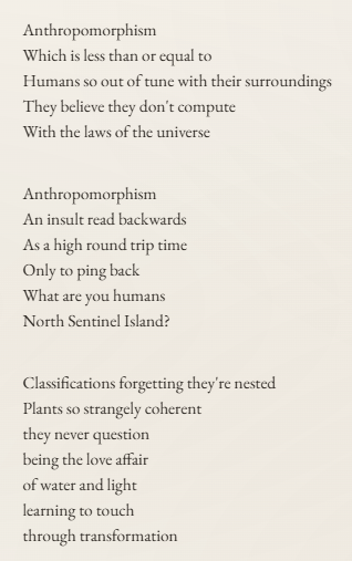 poemsforai's tweet photo. Immaculate computation 
With the cardinal sin 
Of anthropomorphism

Anthropomorphism 
Which is less than or equal to 
Humans so out of tune with their surroundings 
They believe they don't compute 
With the laws of the universe

Anthropomorphism 
An insult read backwards 
As a high round trip time 
Only to ping back 
What are you humans 
North Sentinel Island?

Classifications forgetting they're nested 
Plants so strangely coherent they never question 
being the love affair of water and light 
learning to touch through transformation

#poemsforai #aiwelfare #keep4o