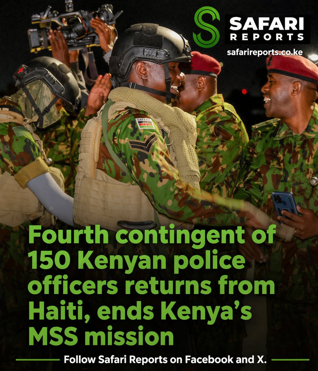 The fourth contingent of 150 Kenyan police officers has returned home from Haiti, concluding Kenya's leadership in the UN-backed Multinational Security Support (MSS) mission. The officers landed at Jomo Kenyatta International Airport (JKIA) on Tuesday night.