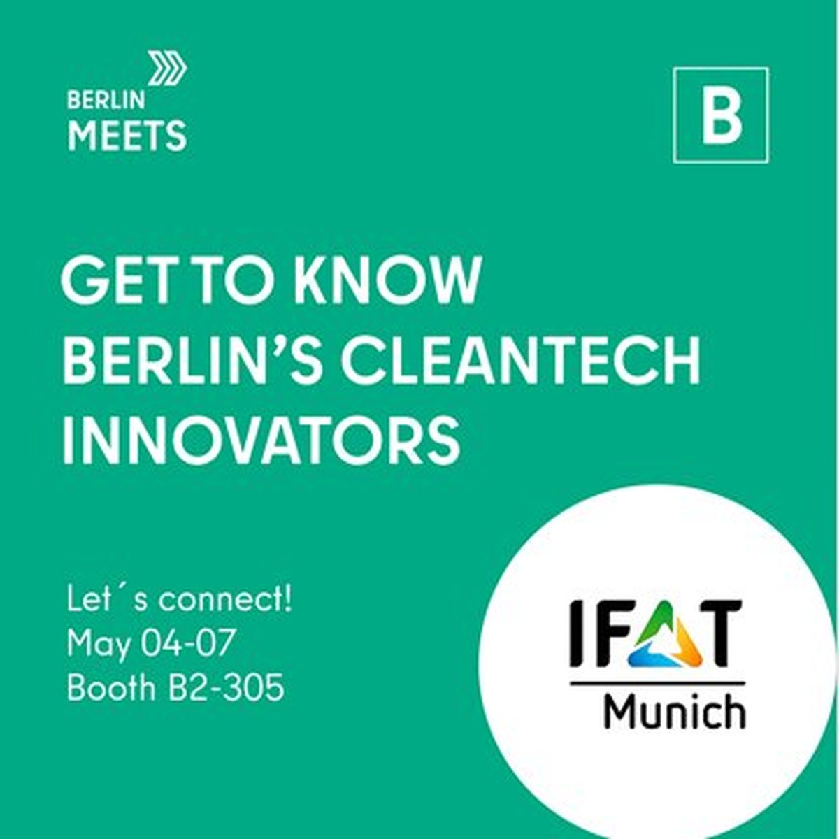 BerlinPartner's tweet photo. In Berlin, sustainability is a top priority.
Many innovative companies are developing clean solutions to urgent environmental problems.
Meet us at IFAT at the Berlin-Brandenburg Pavilion and learn more about what we can do for you!