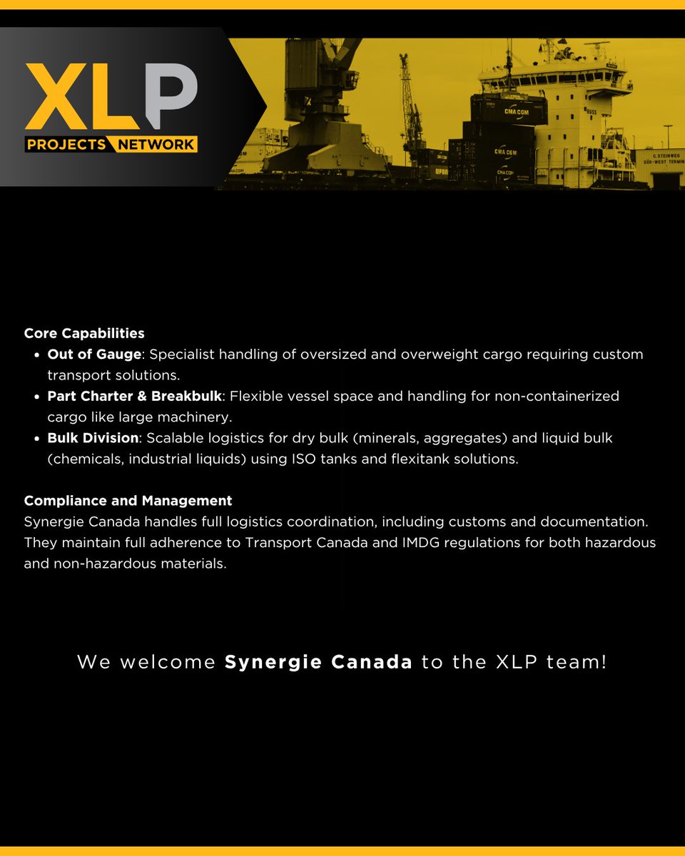 We welcome Synergie Canada in Quebec, Canada to the XLP team! 🌎

🔎 Read more: xlprojects.net/synergie-canad… 

#XLProjects #AINetworks #ProjectCargo #LogisticsNetwork #freightnetworks #SynergieCanada