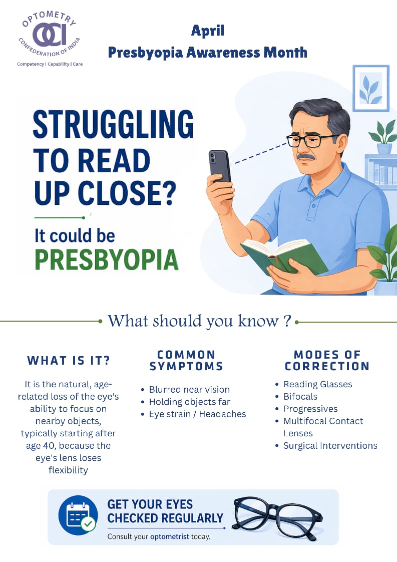 Struggling to read up close? It might be
Presbyopia.
Learn more about it via this IEC

📩 Eye care practitioners: Want your clinic featured on this IEC poster? DM us to get your clinic logo added and be part of this awareness initiative.