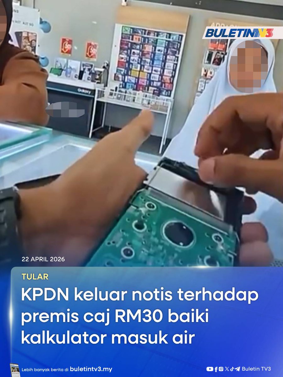 BuletinTV3's tweet photo. TULAR | Satu notis dikeluarkan Kementerian Perdagangan Dalam Negeri dan Kos Sara Hidup (KPDN) Kelantan terhadap sebuah premis mengenakan caj RM30 bagi membaiki kalkulator yang dimasuki air.
#BuletinTV3 #BeritaTerkini #Tular #KPDN #Kalkulator #RM30
Berita penuh di https://t.co/BdLeFGH0qp
