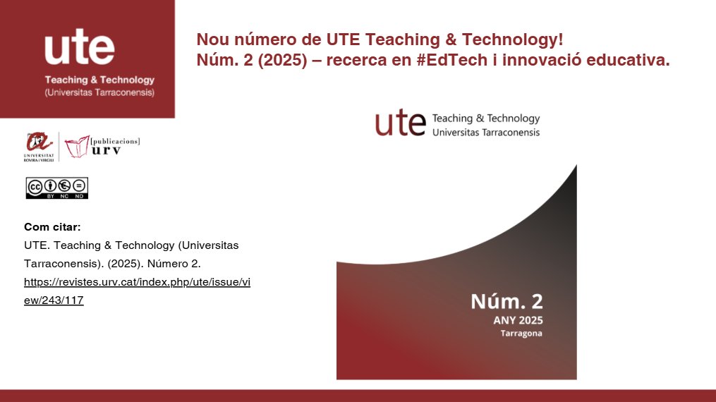 RevistaUTE's tweet image. 📢 Nou número de UTE Teaching &amp;amp; Technology! 
Núm. 2 (2025)–Inclou estudis sobre:
📌 IA en formació docent
📌 Programació i ODS amb Scratch
📌 Metodologies de recerca
📌 Intervencions tecnològiques inclusives
👉 revistes.urv.cat/index.php/ute/…
#UTE #Educació #TecnologiaEducativa #Recerca