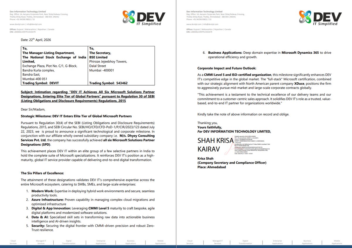 AvinashGoraksha's tweet image. DEV IT has achieved all 6 Microsoft Solutions Partner Designations, placing it among a select group of companies in India with full-stack Microsoft capabilities. The milestone strengthens its positioning in global digital transformation opportunities.

#DEVIT #ITServices