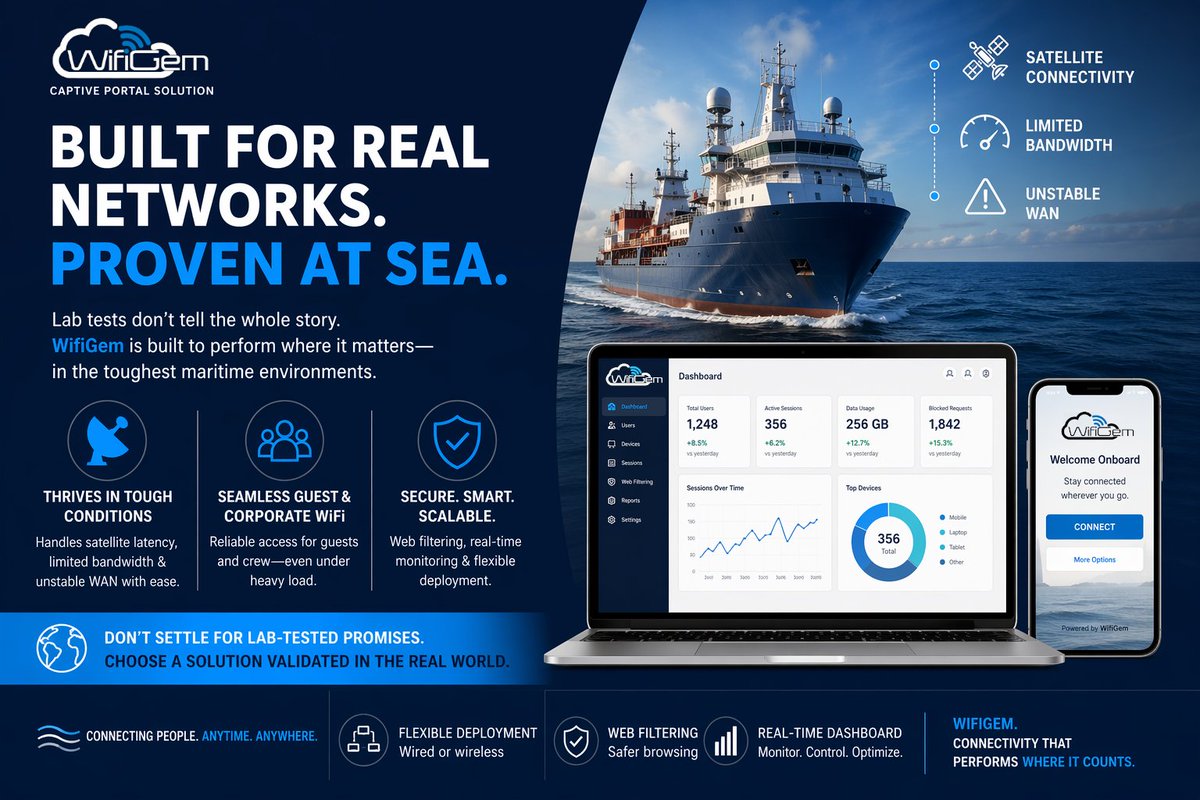 wifigem1's tweet photo. Still evaluating a captive portal with in-lab tests, not realizing where the real problem lies? Real maritime networks face satellite latency, limited bandwidth, unstable WAN. WifiGem thrives under pressure. Test where it matters. For free. #MaritimeConnectivity #SatelliteWiFi https://t.co/vTGmVnb0MN