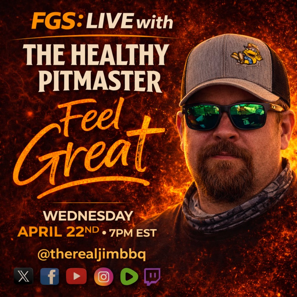 therealjimbbq's tweet photo. We’re live tonight at 7PM EST.

Join me for FGS: Live with The Healthy Pitmaster as we talk about better routines, smarter daily choices, and the consistency it takes to build real momentum.

Date: Wednesday, April 22, 2026
Time: 7:00 PM EST
Join Us Live, right here on X!

Tag someone who should be here.

#FeelGreatSystem #TheHealthyPitmaster #LiveQandA