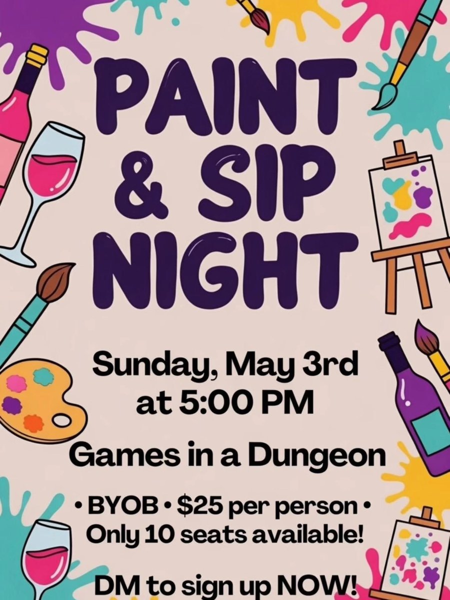 GamesInADungeon's tweet image. .Join our amazing artist as she walks you through steps to paint a beautiful masterpiece while you celebrate with good friends and drinks. BYOB sign up now to reserve your spots. 
#paintandsip #gamesinadungeon 

Games in a Dungeon
64-73 Dry Harbor Rd
Middle Village, NY 11379