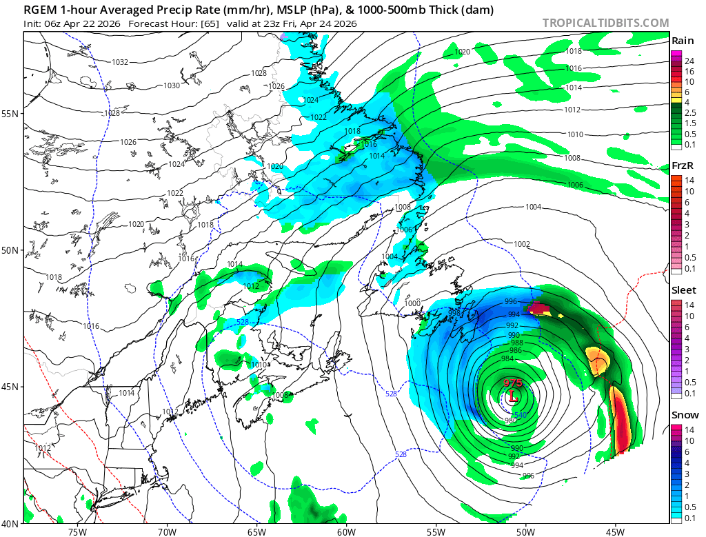 kellymbutt's tweet image. There continues to be the possibility that the Avalon &amp;amp; parts of eastern Nfld may see accumulating or significant snowfall on Friday into Saturday as a low passes to the southeast of the Avalon.

However, there is uncertainty at this time regarding track.

#NLwx #StayTuned