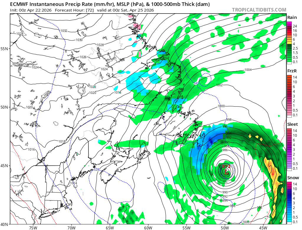 kellymbutt's tweet image. There continues to be the possibility that the Avalon &amp;amp; parts of eastern Nfld may see accumulating or significant snowfall on Friday into Saturday as a low passes to the southeast of the Avalon.

However, there is uncertainty at this time regarding track.

#NLwx #StayTuned