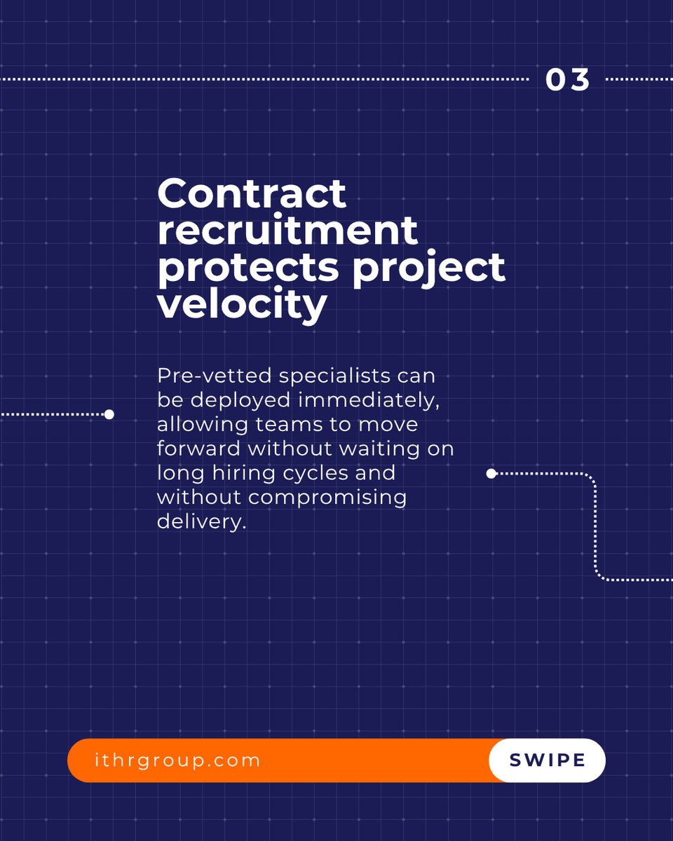 ITHRGroup's tweet photo. Projects don’t slow because talent is missing. They slow because it can’t be deployed fast enough.

Long hiring cycles stretch teams and delay delivery.

Contract recruitment keeps momentum moving.

Read more: https://t.co/ds9FFZ63kL

#ITHRGroup https://t.co/1eaJMsNGW7