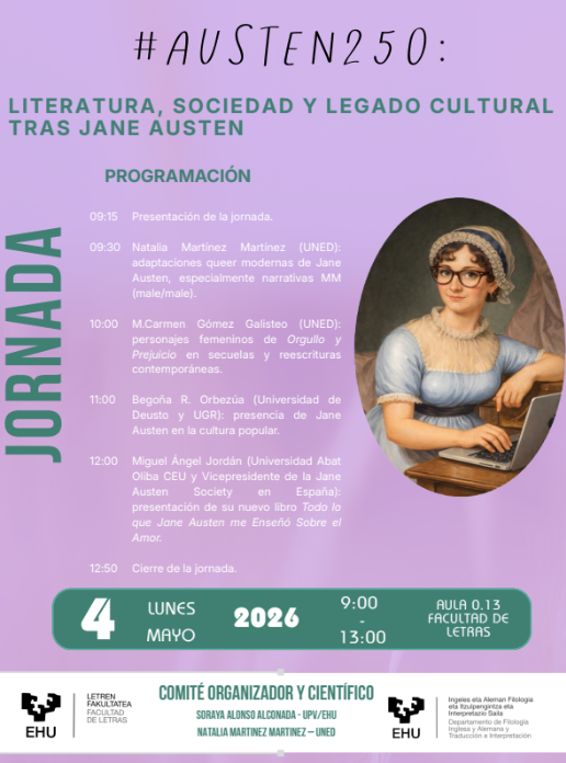 g74270147's tweet image. Seguimos celebrando a #Austen, jornada el 4 de mayo (presencial) en la @upvehu