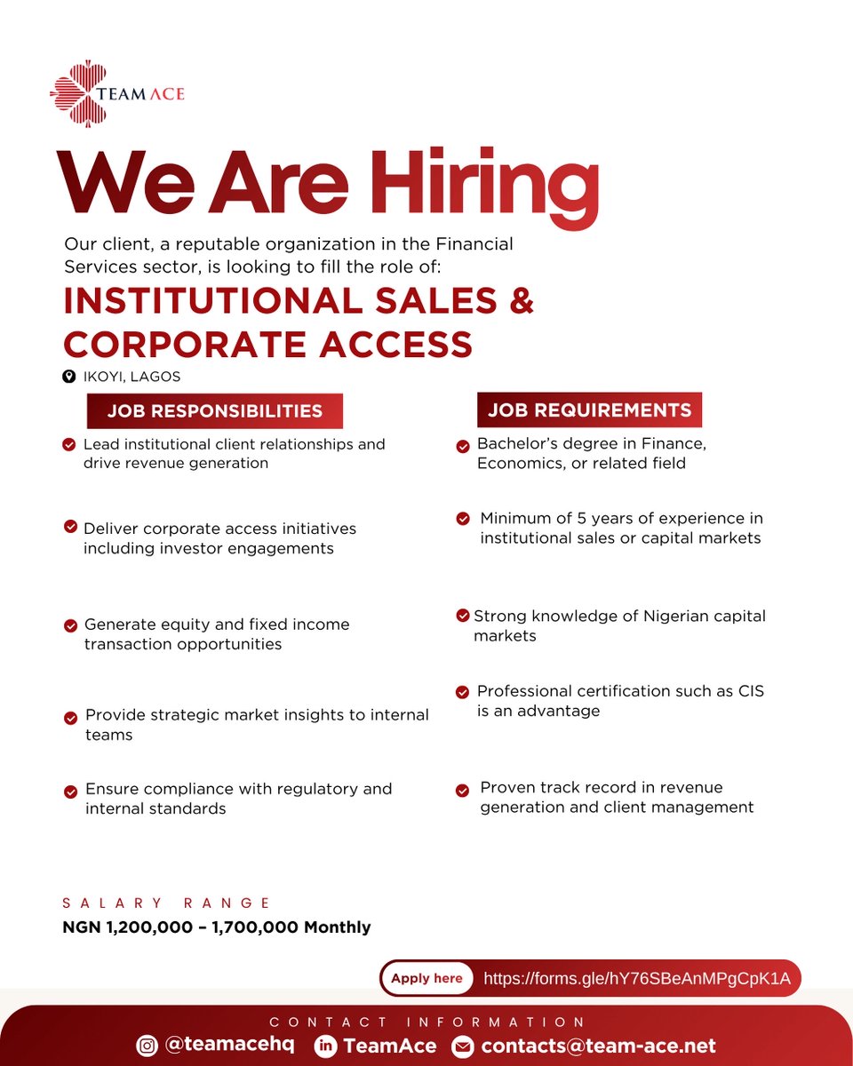 TeamAce_HQ's tweet image. Job opening
See flyer for details

Qualified and Interested? Apply here 👇🏾
forms.gle/hY76SBeAnMPgCp…

#teamace #jobopportunity