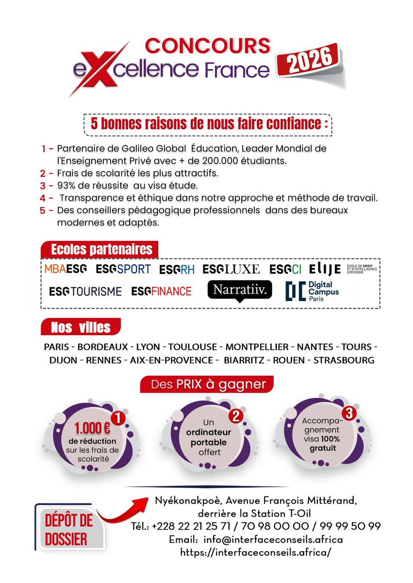 InterfaceConse2's tweet image. 🎁Les lauréats repartent avec :

🥇Jusqu’à -1 000€ sur les frais de scolarité,
🥈Un ordinateur portable,
🥉Un accompagnement VISA GRATUIT.

Inscrivez-vous au 📧info@interfaceconseils.africa | 📲+228 99995099
#concours #togo #Excellence #éducation #opportunités #bourse