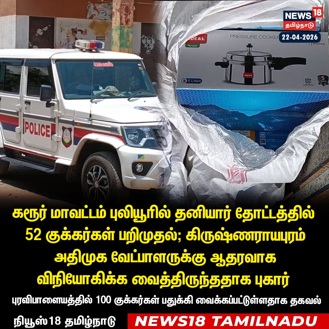 News18TamilNadu's tweet image. கரூர் மாவட்டம் புலியூரில் தனியார் தோட்டத்தில் 52 குக்கர்கள் பறிமுதல்; கிருஷ்ணராயபுரம் அதிமுக வேட்பாளருக்கு ஆதரவாக விநியோகிக்க வைத்திருந்ததாக புகார் 

#Karur #Puliyur #AIADMK #Election2026 #News18Taminadu | News18Tamil.com