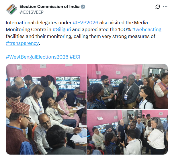 PTI_News's tweet photo. Election Commission of India (@ECISVEEP) posts, "International delegates under #IEVP2026 also visited the Media Monitoring Centre in #Siliguri and appreciated the 100% #webcasting facilities and their monitoring, calling them very strong measures of #transparency." https://t.co/O8Itjh2Qrx