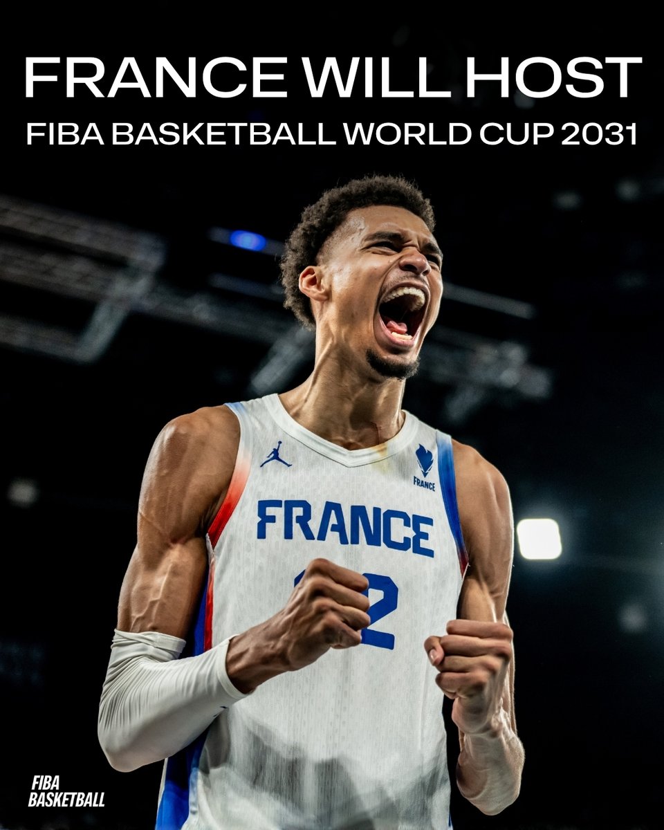 FIBA's tweet image. World Cup is coming to France 🇫🇷 🏆

The FIBA Central Board has assigned the hosting rights of the FIBA Basketball World Cup 2031 to France. Three French cities - Lille, Lyon and Paris - will host the World Cup from August 29 to September 14, 2031, with the final phase to be