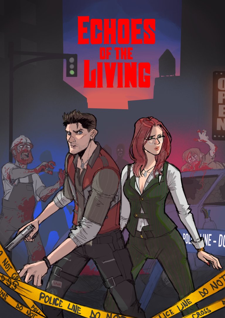 Drohid's tweet photo. Drawing commissioned by @Henarmemente of the characters Octavia Blade and Liam Oakwood from the game Echoes of the Living - which I suggest you all play!! - Made by @DevMoonGlint and @KurauAmami https://t.co/NNw1yZ2lX4
