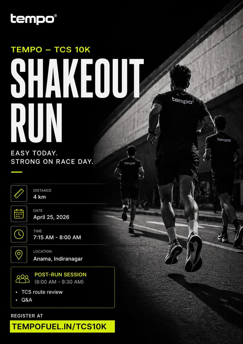 Hi friends,

<a href="/tempofuel/">Tempo Fuel</a> is doing a shakeout run for TCS10K. We decided to do this in Indiranagar by choice. I’ll be leading it.

Inviting everyone who is doing the TCS 10K as well as those who are not - all are welcome

We’ll have some samples that <a href="/jayshreeanand/">Jayshree</a> has cooked. You