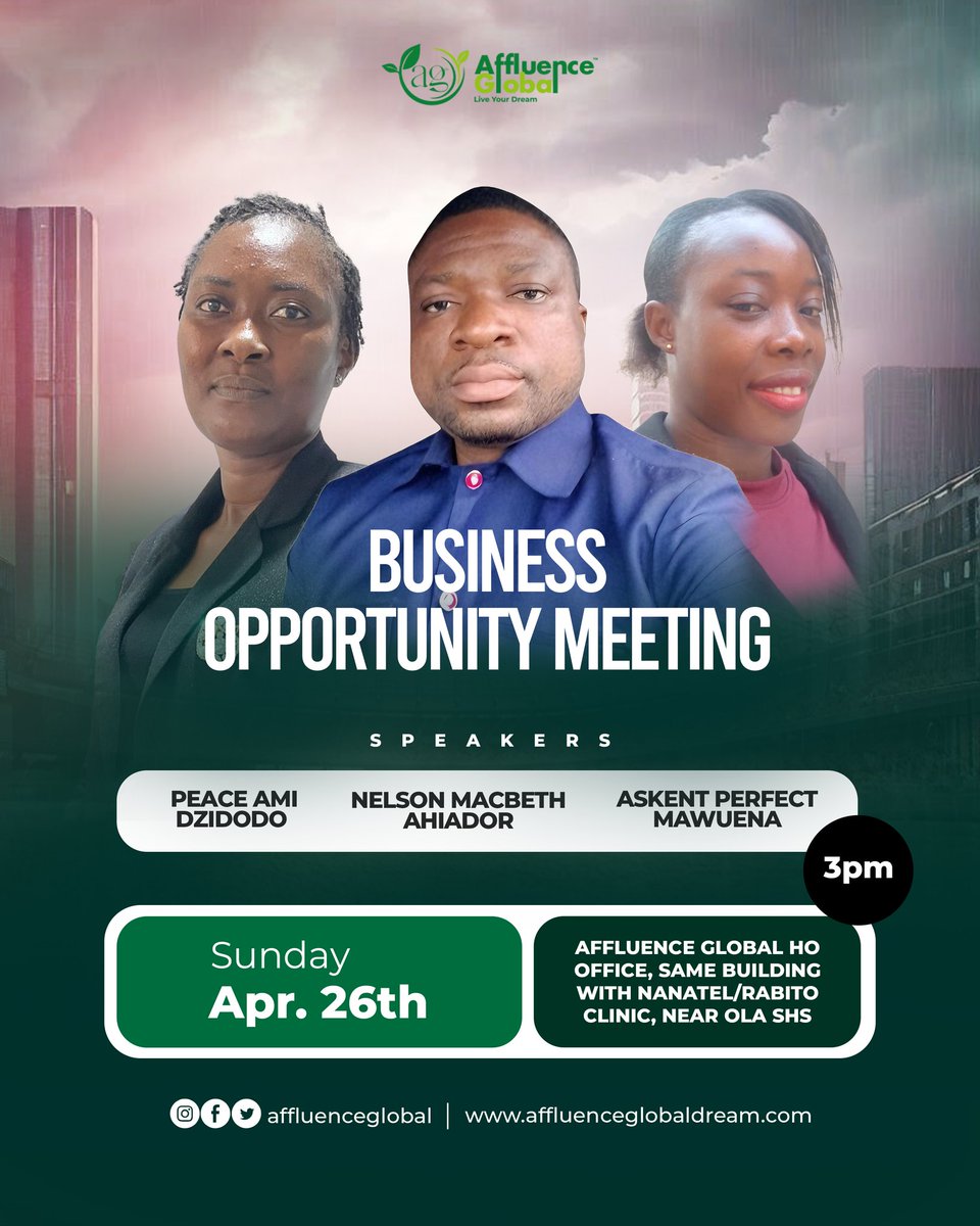 AffluenceGloba's tweet image. Step into your next level of success 🚀
Join us this Sunday for a powerful Business Opportunity Meeting and learn how to turn your dreams into reality.

Don’t miss out!

#AffluenceGlobal
#WealthCreation
#OpportunityKnocks
#Networking