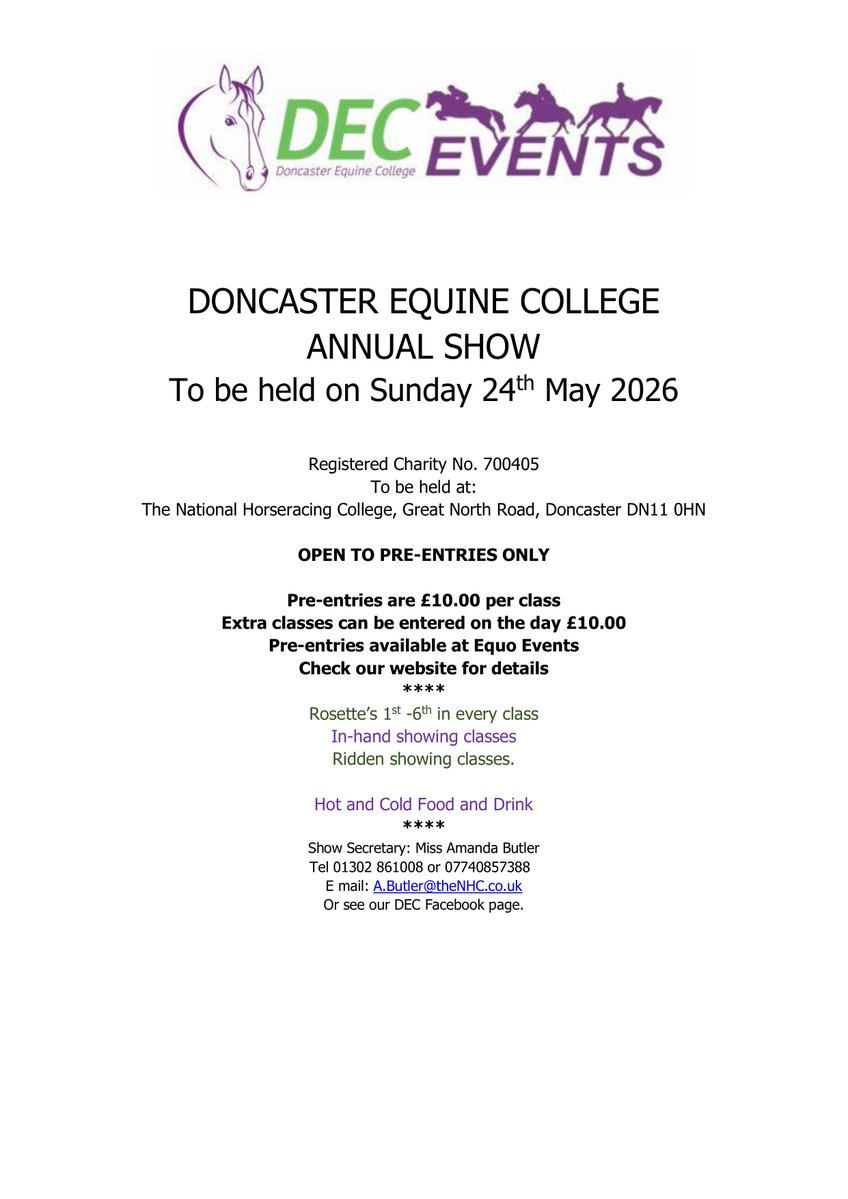 DECDoncaster's tweet image. The schedule is now available and ENTRIES are OPEN!!🐴🌟

📆 Sunday 24th May 2026
🐴 Annual Showing Show 
📍 Doncaster Equine College

Entries are open via Equo Events on the link below ⬇️
equoevents.co.uk/ViewE.../ViewE…
#showing #competition #horses