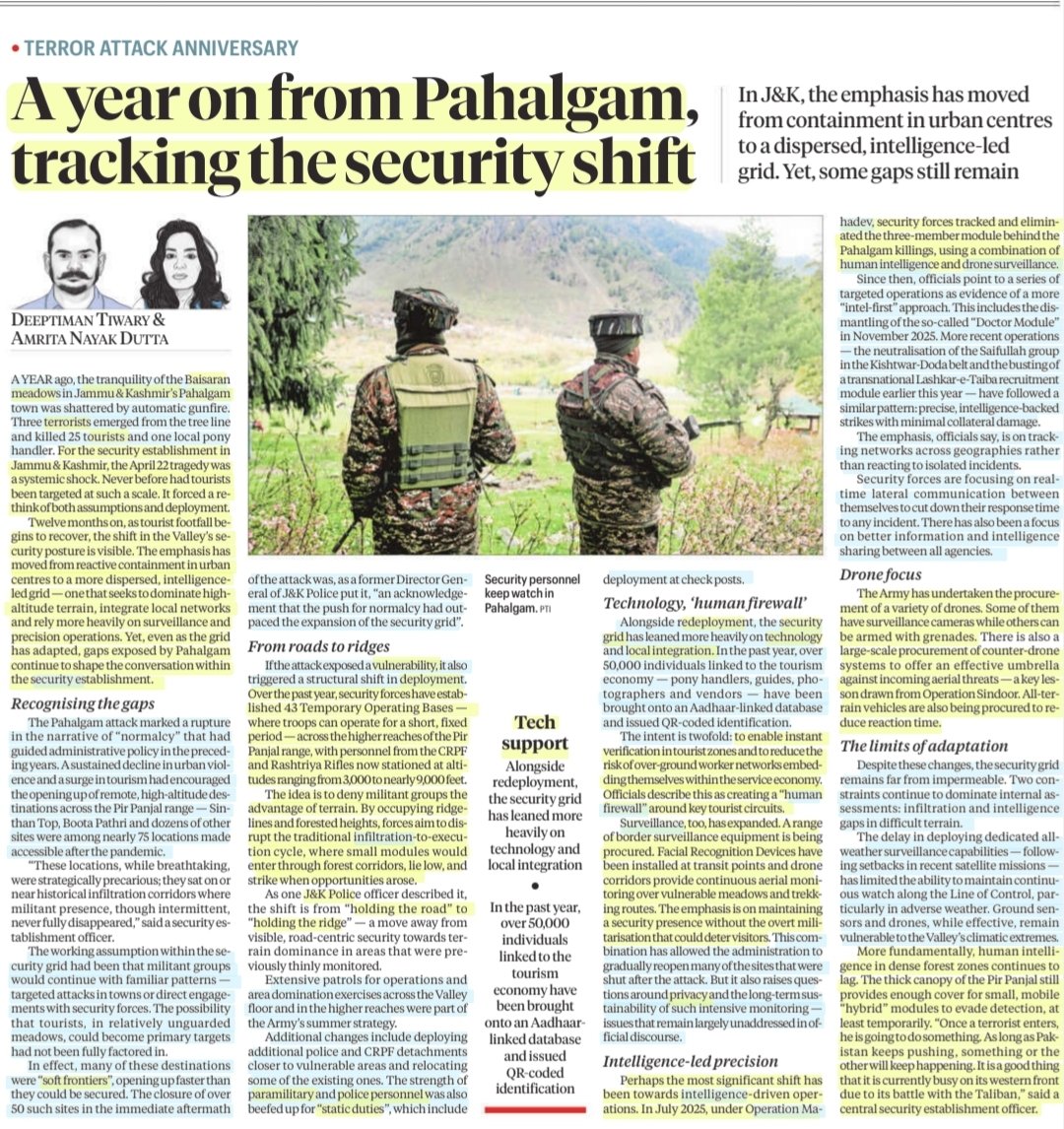 imRavikantYadav's tweet image. A year on from Pahalgam,tracking the security shift

:An informative article by Sh DeeptimanTiwary &amp;amp; Ms Amrita NayakDutta
@DeeptimanTY @AmritaNayak3 

#PahalgamAttack
#terrorists #Pakistán 
#Security #Surveillance #Intelligence #Redeployment #LocalIntegration #Technology.

#UPSC