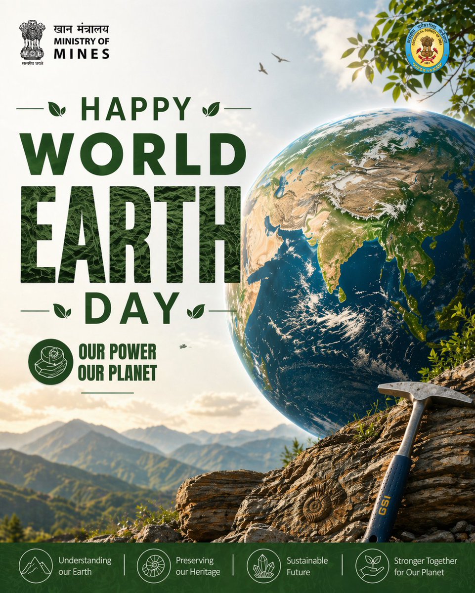 GeologyIndia's tweet image. The Geological Survey of India warmly wishes everyone on World Earth Day. Let us unite in our commitment to protect, preserve, and sustain our planet for generations to come.

#GSI #GeologicalSurveyOfIndia #ProtectOurPlanet #GreenIndia #WorldEarthDay