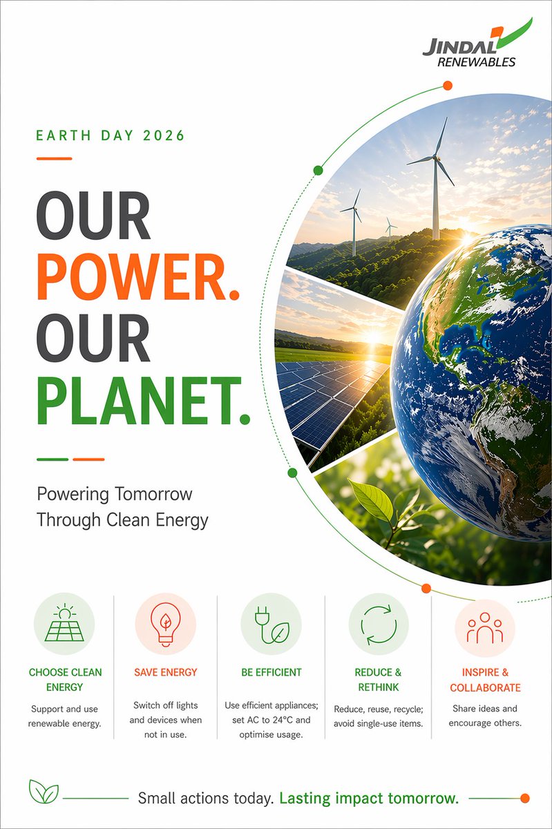 JindalRenewable's tweet photo. This Earth Day reminds us sustainability isn’t one big step. It’s the small choices we make everyday. At Jindal Renewables, we enable clean energy, but real impact starts with each of us.
#OurPowerOurPlanet #EarthDay #Sustainability https://t.co/pFhQeoJxGq