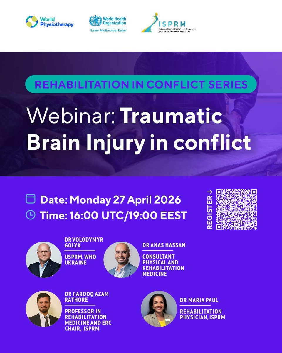 WorldPhysio1951's tweet image. Rehabilitation in conflict settings 📣Join our next webinar on #TraumaticBrainInjury where experts from @ISPRM will be providing practical insights on managing #TBI in conflict environments.

Register: ow.ly/zH9F50YNPO0

#Rehabilitation #GlobalHealth #HumanitarianHealth