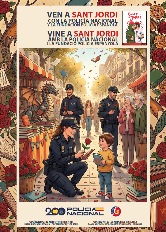policia's tweet image. 📚La Fundación @policia Española tiene un total de 77 publicaciones que podrás conocer en nuestro stand de #Barcelona con motivo del #DíaMundialDelLibro

¿Estás en #Barcelona?
👮‍♀️👮‍♀️¡Acércate a visitarnos!
📍Rambla de Catalunya con calle de Mallorca
#SantJordi🌹📖