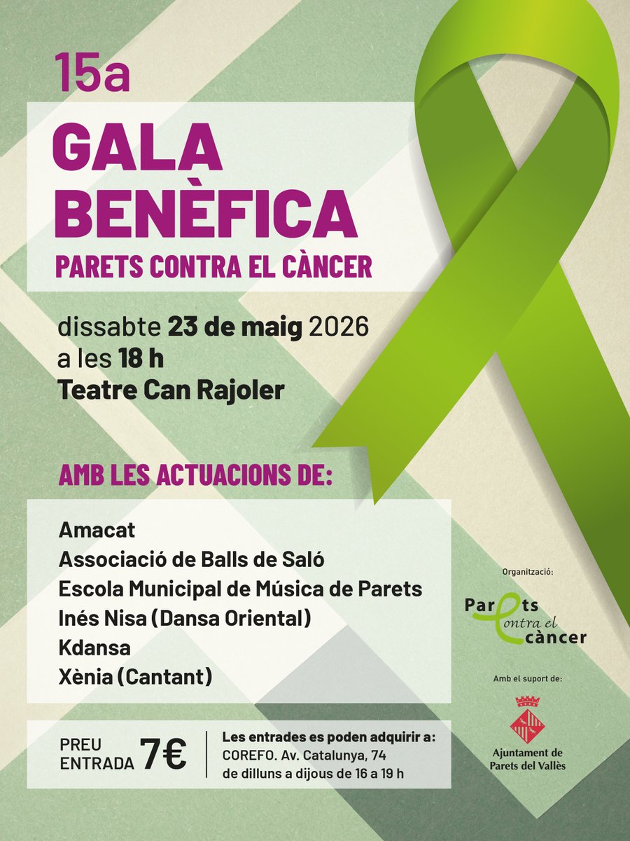 ajparets's tweet photo. El pròxim dissabte 23 de maig se celebra la 15a edició de la Gala Benèfica Parets contra el Càncer.

➡ Les entrades es poden adquirir a la COREFO (Av. Catalunya, 74) de dilluns a dijous de 16 a 19 h. https://t.co/89UbtfjvVQ