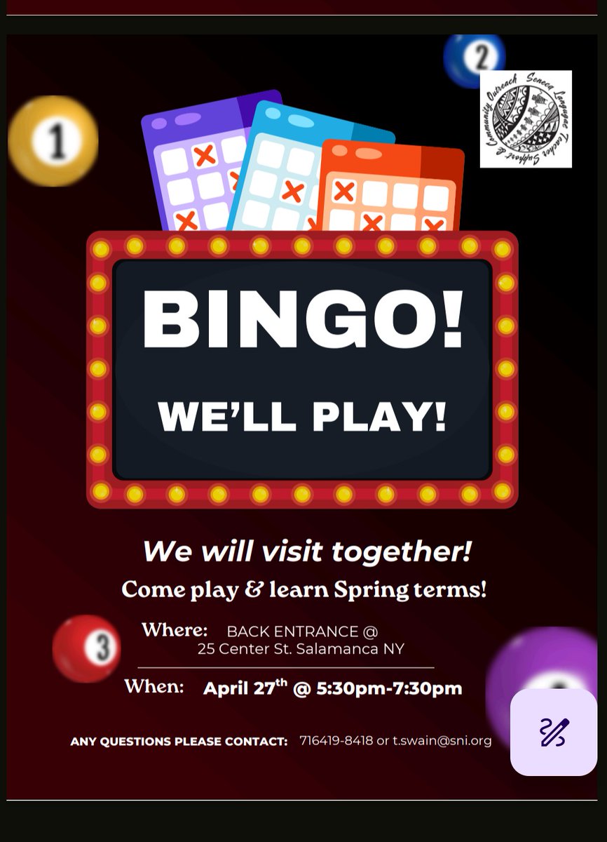 SenecaLanguage's tweet photo. Community Seneca language BINGO!
Monday, April 27, 2026

5:30 PM - 7:30 PM

At Seneca Language Teacher Support &amp; Community Outreach, 25 Center St. in Salamanca. 
(Back entrance of the SALC)

For more info contact t.swain@sni.org. https://t.co/BVeLUpBbrt