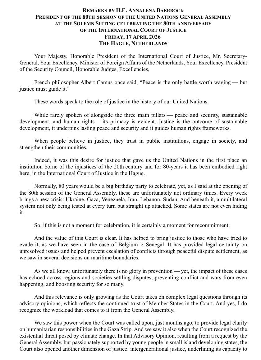 CIJ_ICJ's tweet image. READ HERE: The full text of the speech by HE Ms Annalena Baerbock, President of the United Nations General Assembly (@UN_PGA), on the occasion of the #ICJ's 80th anniversary as pronounced during the solemn sitting on 17 April 2026.

go.icj-cij.org/4cXtrhM

#ICJat80