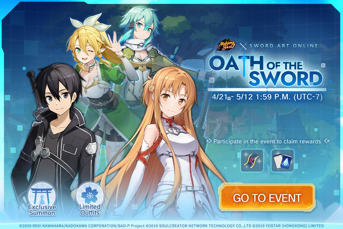 MahjongSoul_EN's tweet image. [Event]

The Oath of the Sword event is now live! Log in to the game to check the new game mode and earn various rewards!

The event will end on 5/12 at 1:59 P.M. (UTC-7).

#SwordArtOnline #MahjongSoul #Yostar