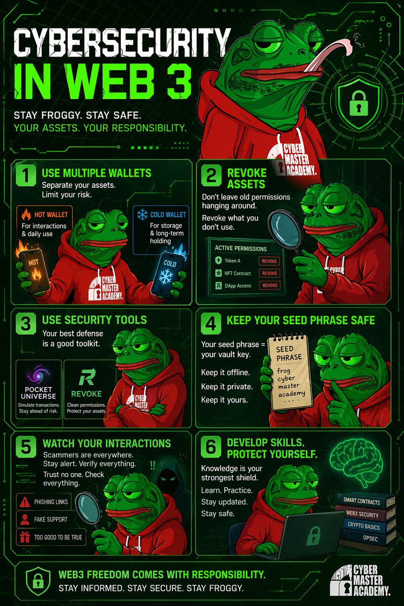 CyberMasterMSc's tweet image. 🚨 Cybersecurity in Web3 isn’t optional — it’s survival.

Here’s how to protect your assets:

1️⃣ Use multiple wallets
2️⃣ Revoke what you don’t use
3️⃣ Use security tools
4️⃣ Protect your seed phrase
5️⃣ Watch every interaction
6️⃣ Keep learning

Don’t get rekt — get secure.