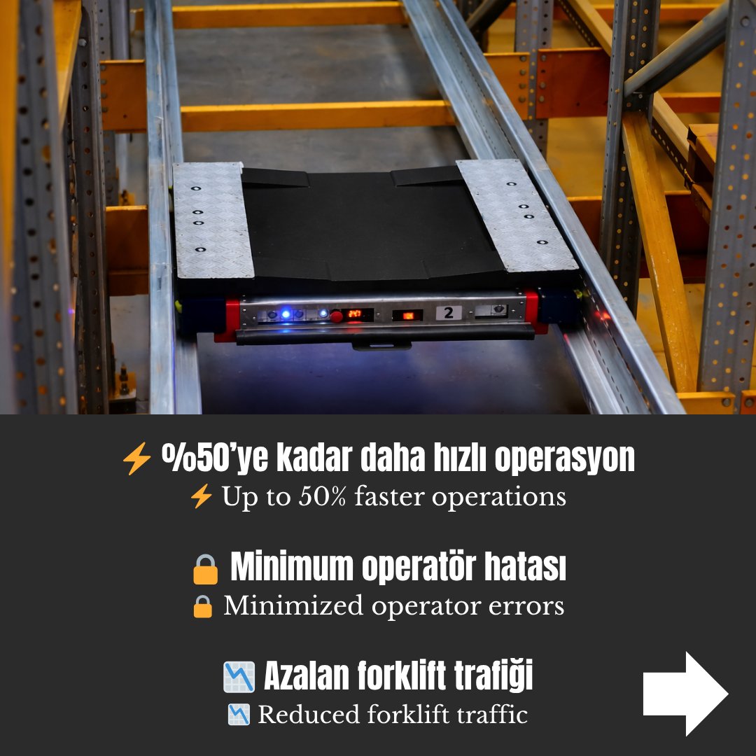 temesist's tweet photo. Temesist Mekik Raf Sistemi, paletleri raf içinde otomatik olarak taşıyan shuttle cihazı ile yüksek yoğunluklu depolama sağlar. 🚀

#Depolama #Lojistik #DepoYönetimi #RafSistemi #MekikRaf #ShuttleSystem #EndüstriyelDepo #AkıllıDepolama #DepoÇözümleri #PaletliDepolama https://t.co/qit2Im3dok