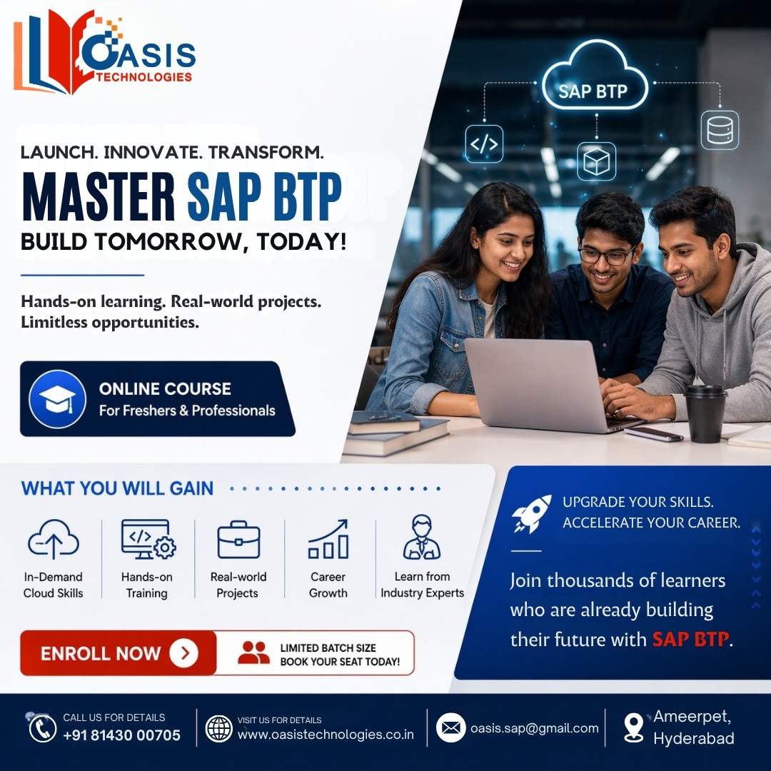 OasisTechhyd's tweet photo. 🚀 Launch. Innovate. Transform with SAP BTP!
Master the future of cloud technology with hands-on training.
📈 Upgrade your skills &amp; accelerate your career today!📞 +91 81430 00705
🌐 https://t.co/ukiuG5KTQj
📧 oasis.sap@gmail.com
#OasisTechnologies #SAPTraining #CloudComputing https://t.co/oDmaLmKrjR