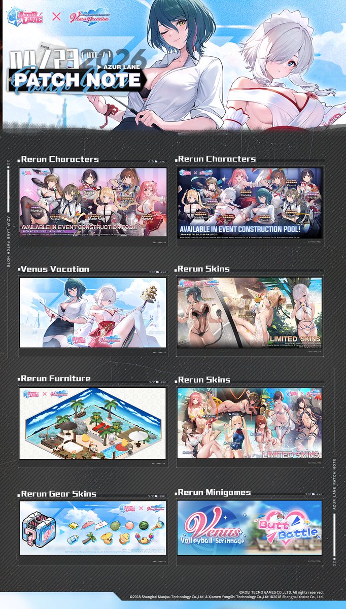 AzurLane_EN's tweet image. Dear Commander,

Headquarters will carry out maintenance on 4/23, 12:00 A.M. (UTC-7) for approximately 6 hours. Highlights of the upcoming version are shown below.

For detailed information, please check our website: azurlane.yo-star.com/news/2026/04/2…

#AzurLane #Yostar #DOAXVV