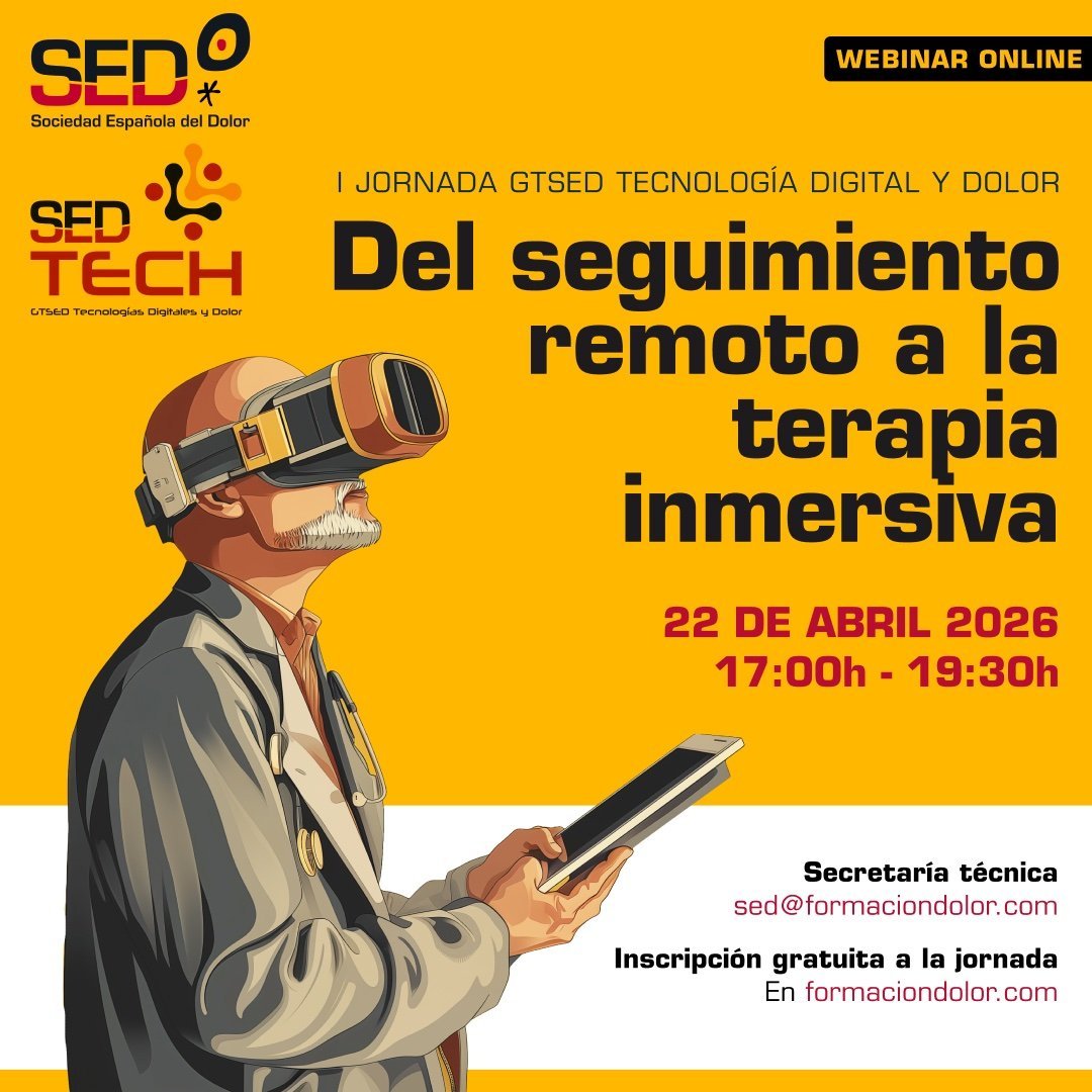 Sedolor's tweet photo. Esta tarde os esperamos en la 🤖I Jornada del Grupo de Trabajo de Tecnología Digital y Dolor de la Sociedad Española del Dolor.
"Del seguimiento remoto a la terapia inmersiva".
⏰De 17.00 a 19.30h 
👉Inscripción gratuita aquí👈
https://t.co/iMx2h0CSW1

@Rocio_dela_Vega  @moralmunoz @ProfHectorBA  #SEDTechGTSED26