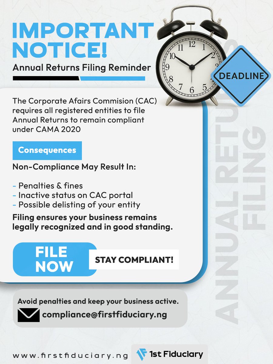 Firstfiduciary's tweet photo. Don’t wait for the deadline to catch up with you.

Reach out to us for seamless filing: compliance@firstfiduciary.ng

#CorporateGovernance #AnnualReturns #Compliance https://t.co/WlWumm8b2H