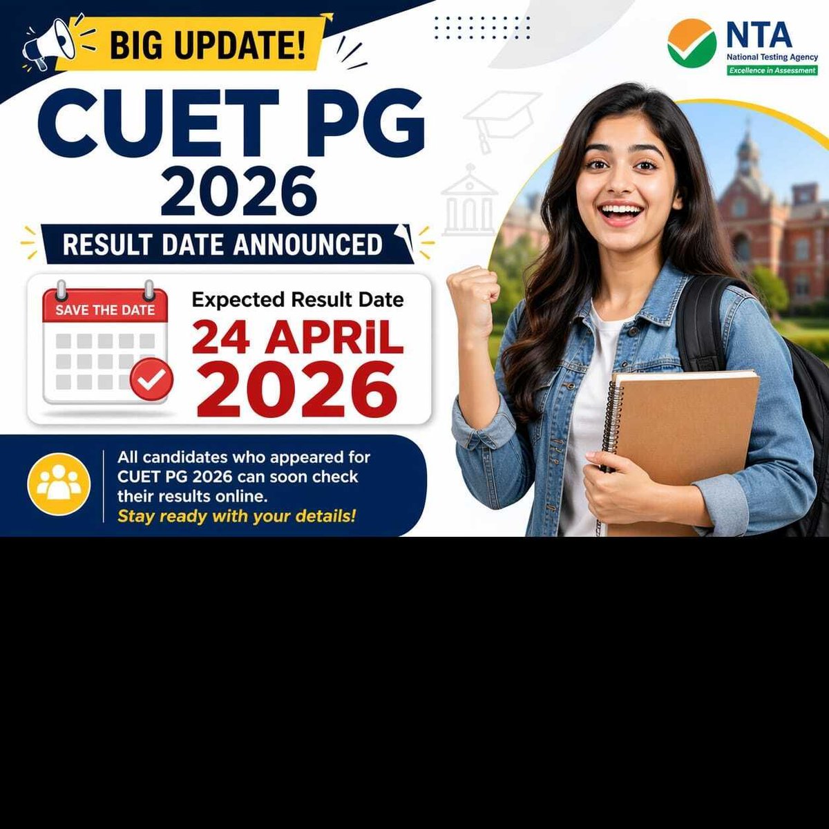 Shivanshu_Cafe's tweet image. 🎓 Big Update! CUET PG 2026 Result Date Announced 📢

📅 Expected Result Date: 24 April 2026

#CUETPG2026 #ResultUpdate #NTA #ExamResult #StudentLife #CareerUpdate
