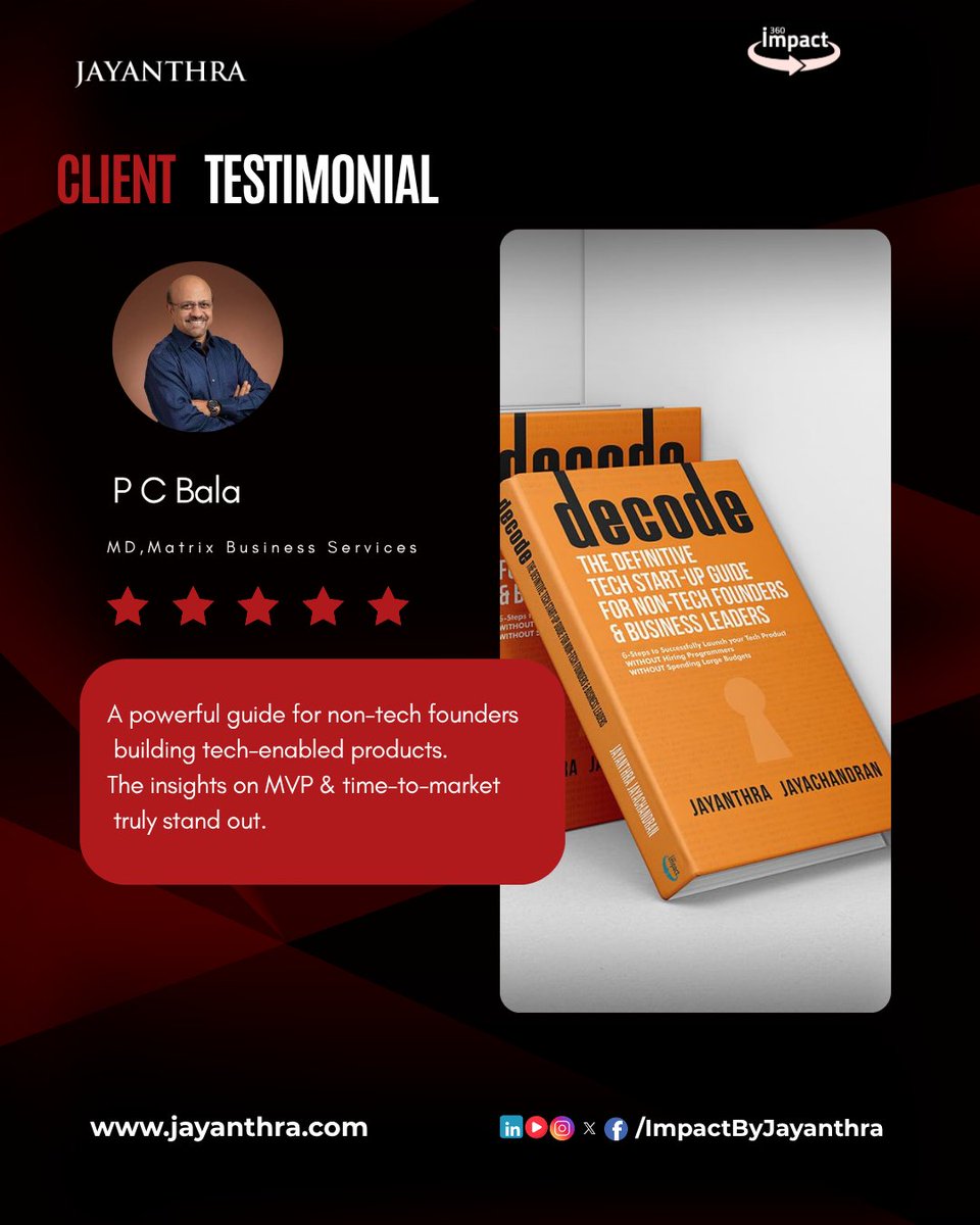 impactbyjay's tweet photo. Where do most founders struggle? MVP, time-to-market, and tech decisions matter most. As P. C. Bala highlights, DECODE is a practical guide for non-tech founders to build right and launch faster.

Read his full take: https://t.co/m8rdddOten

#DECODEBook #StartupExecution https://t.co/C1KNQN2b4u